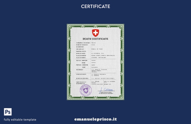 modello PSD del certificato di morte svizzero in stile verificato